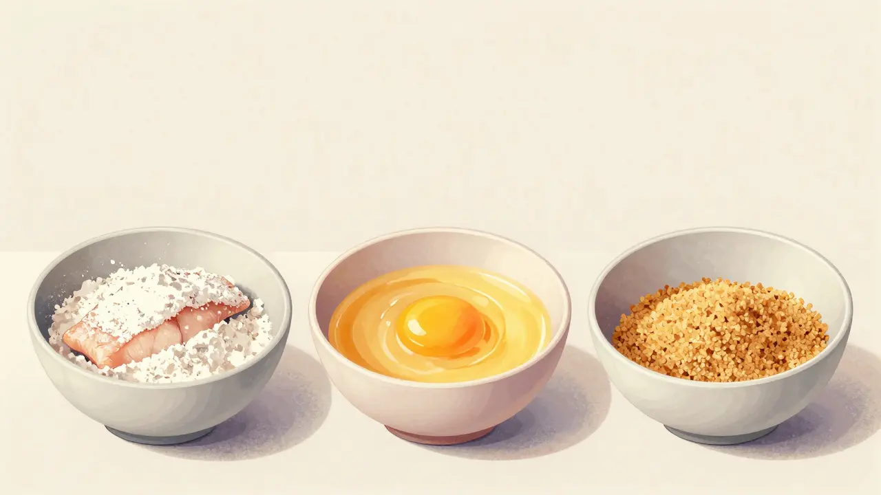 Процесс панировки рыбы в три этапа: мука, яйцо, сухари.