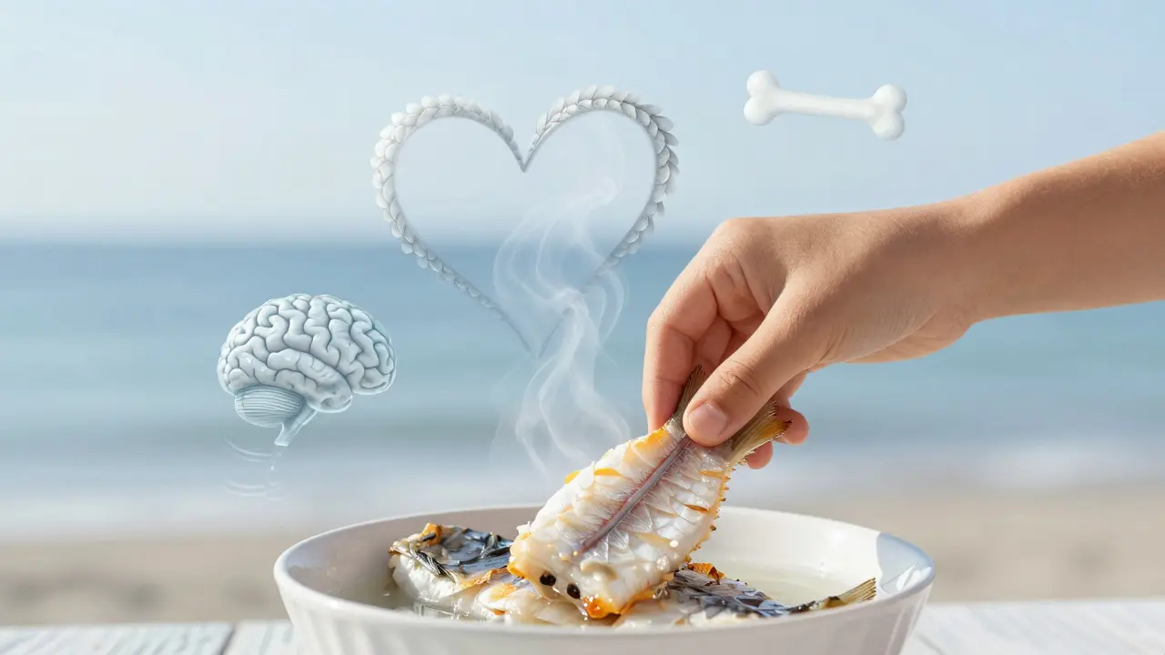 Ребёнок кладёт запечённую треску в тарелку, пар образует сердце