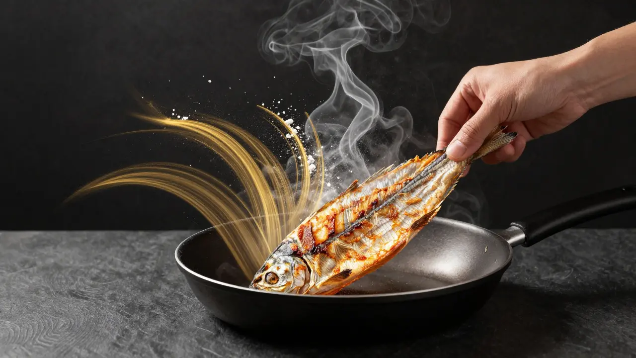 Рука кладет рыбу на сковороду, мука исчезает в дыму, а корочка формируется естественно.