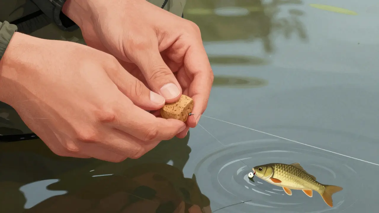Руки держат поплавок, через который проходит леска, рыба ниже тянет наживку.