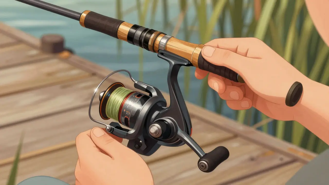 Руки новичка крутят ручку катушки с передним фрикционом, леска намотана ровно.