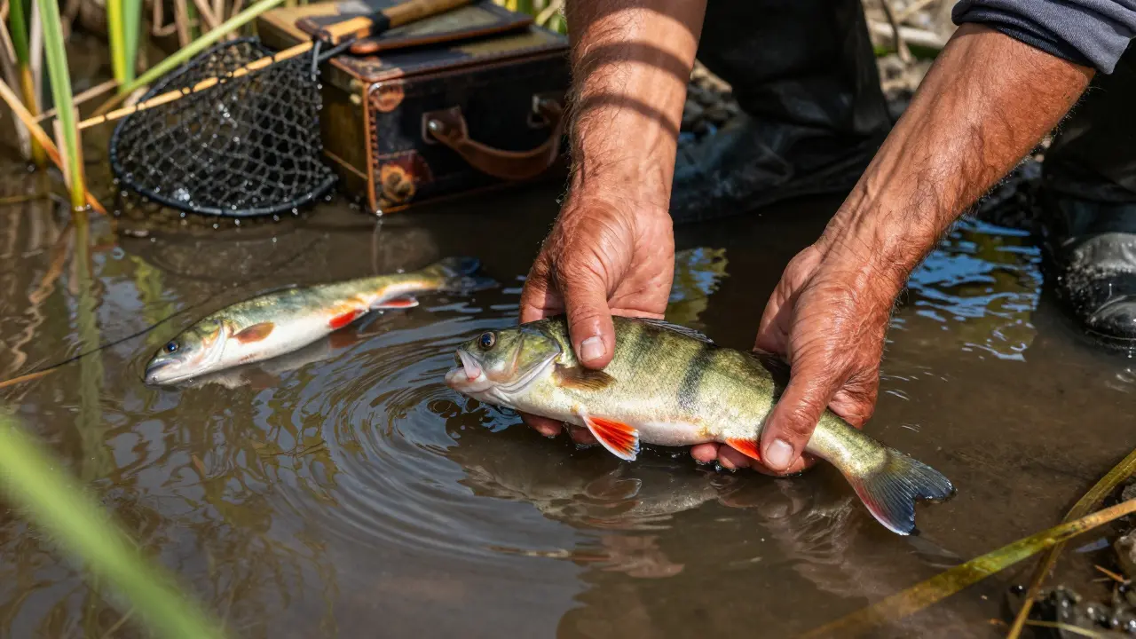 Руки рыбака осторожно опускают мертвую рыбу в воду, чтобы она могла дышать.