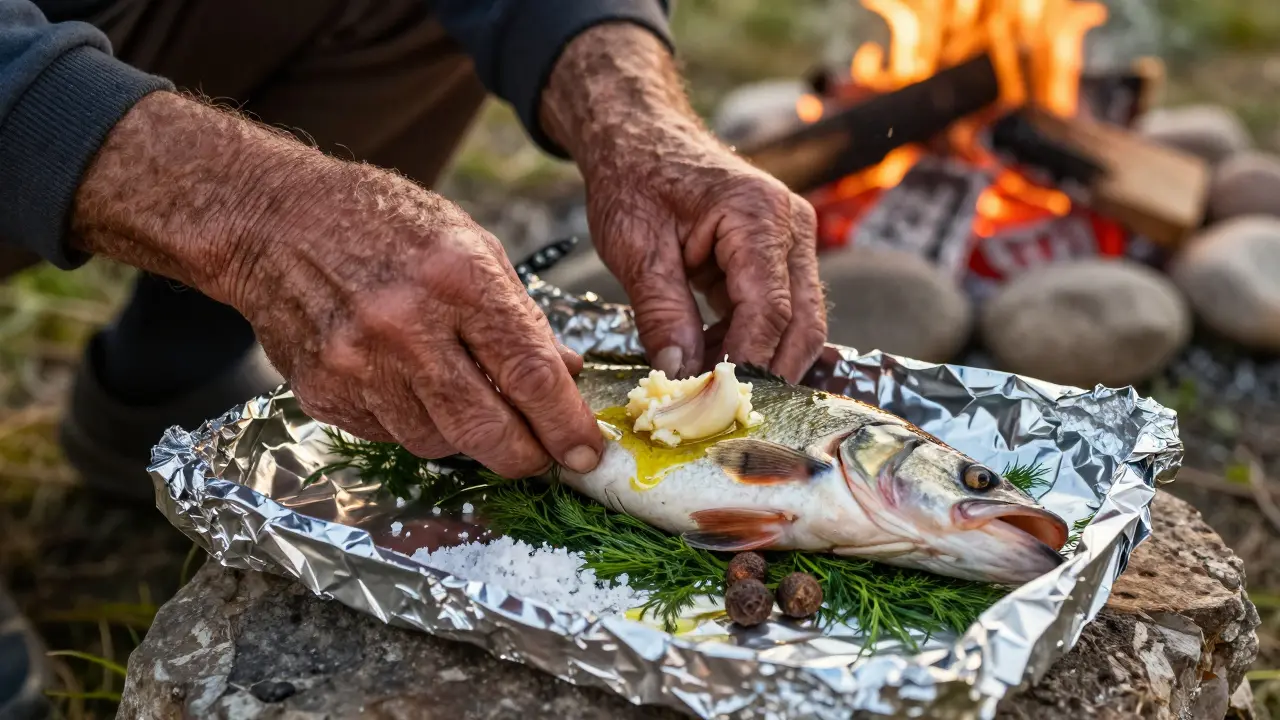 Руки рыбака заворачивают щуку в фольгу с укропом и специями у костра.