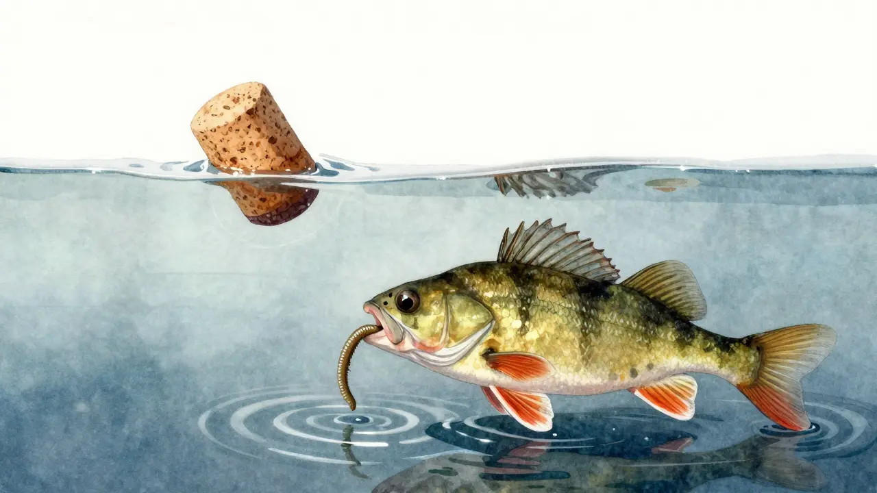 Рыба клюёт под водой, поплавок на поверхности мягко наклоняется без препятствий.