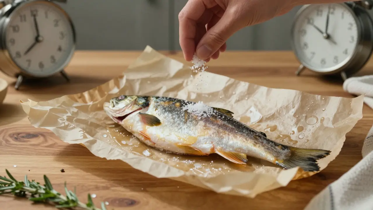 Рыба в пергаменте, только что посыпанная солью, с каплями конденсата внутри.