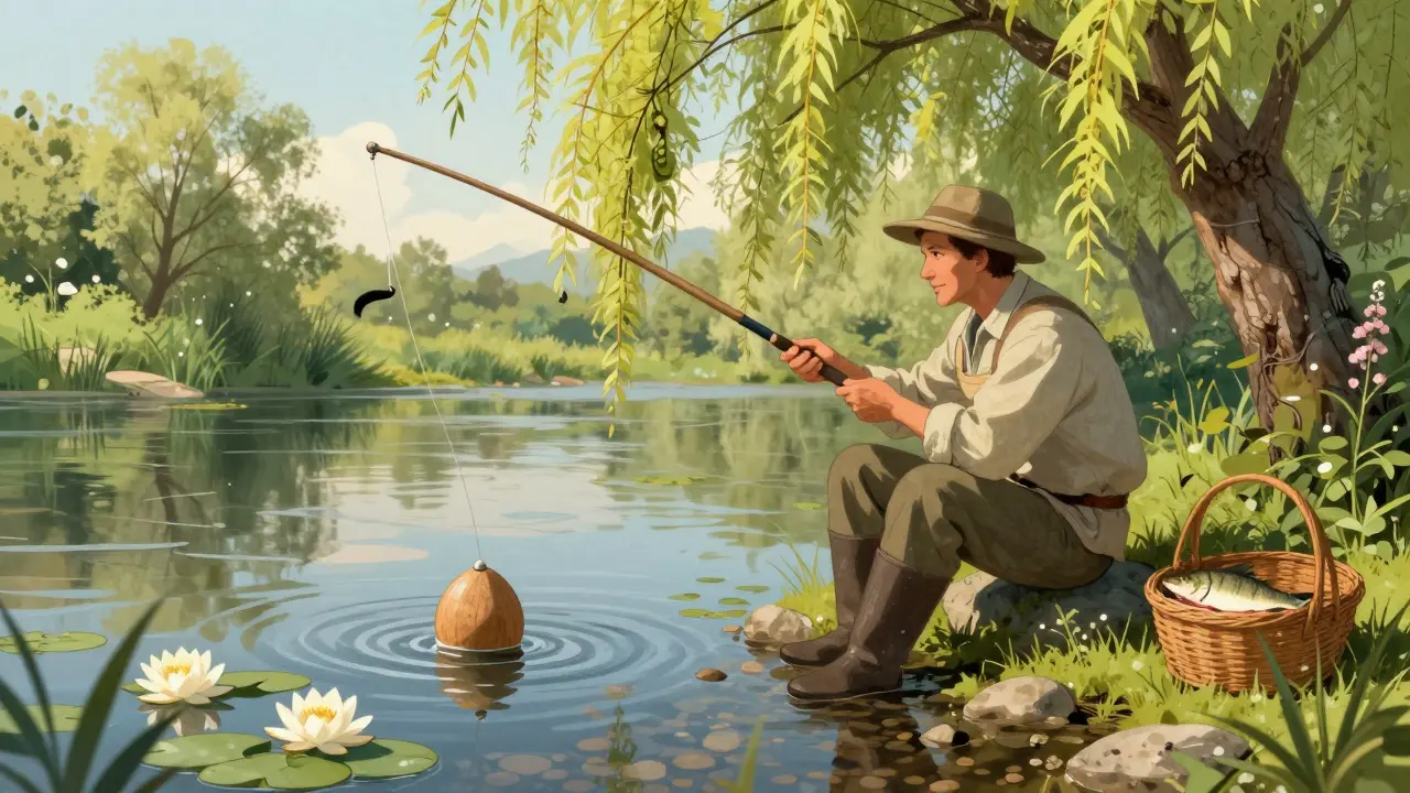 Рыбак ловит на поплавочную удочку на весеннем берегу реки, в воде — плотва и густера, вокруг цветущие ивы.