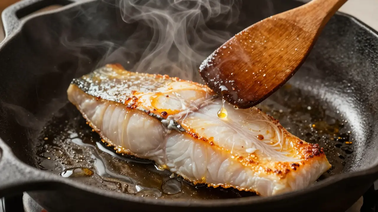 Рыбное филе жарится в чугунной сковороде с золотистой хрустящей корочкой.