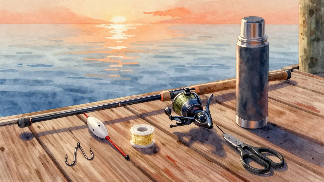 Снаряжение для первой рыбалки: удочка, поплавок, термос и ножницы.
