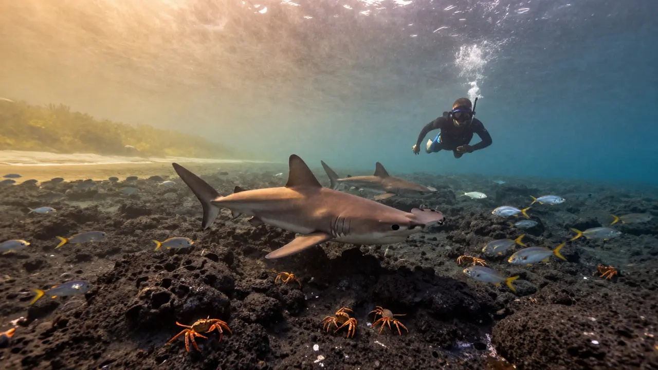 Сноркелер наблюдает за акулами-молотами над вулканическими скалами в Коста-Рике на рассвете.