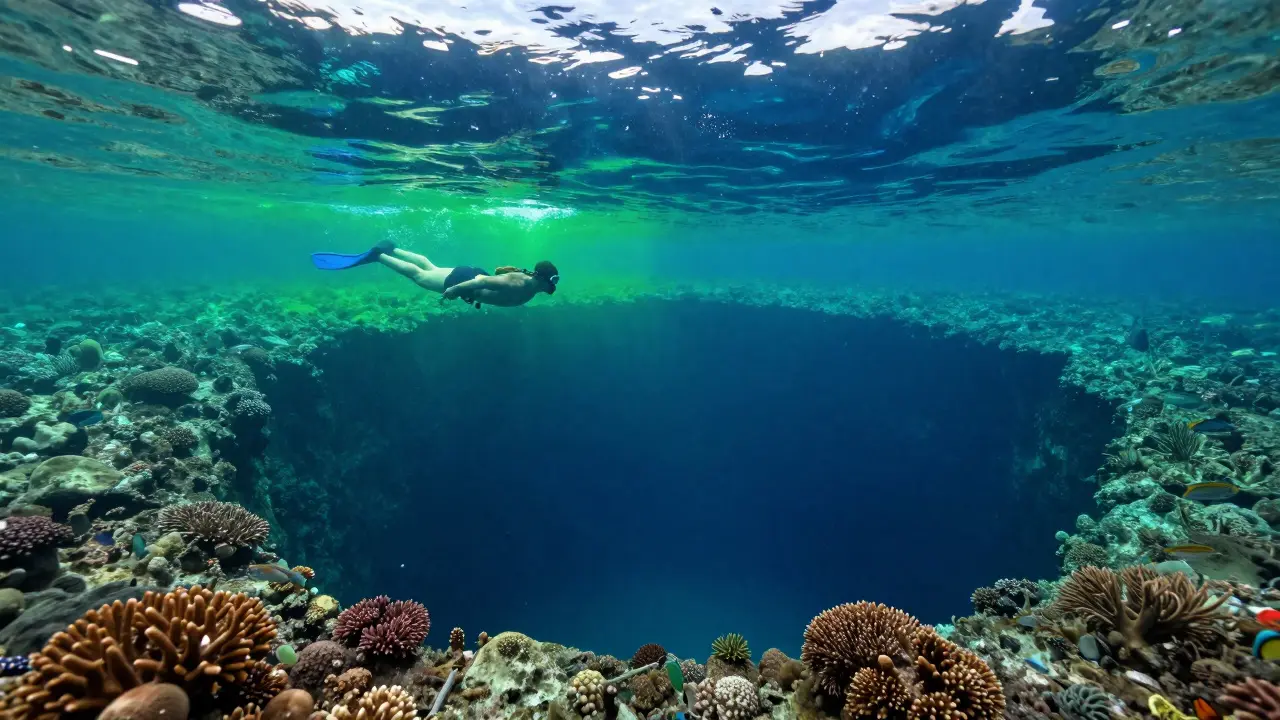 Сноркелер смотрит в глубину Голубой дыры в Белизе, где вода меняет цвет от зелёного до синего.