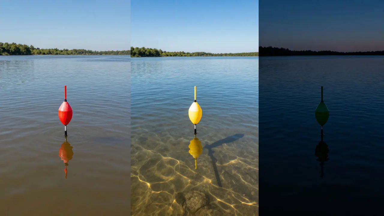 Сравнение цветов поплавков в разных условиях: мутная вода, чистая вода и сумерки.