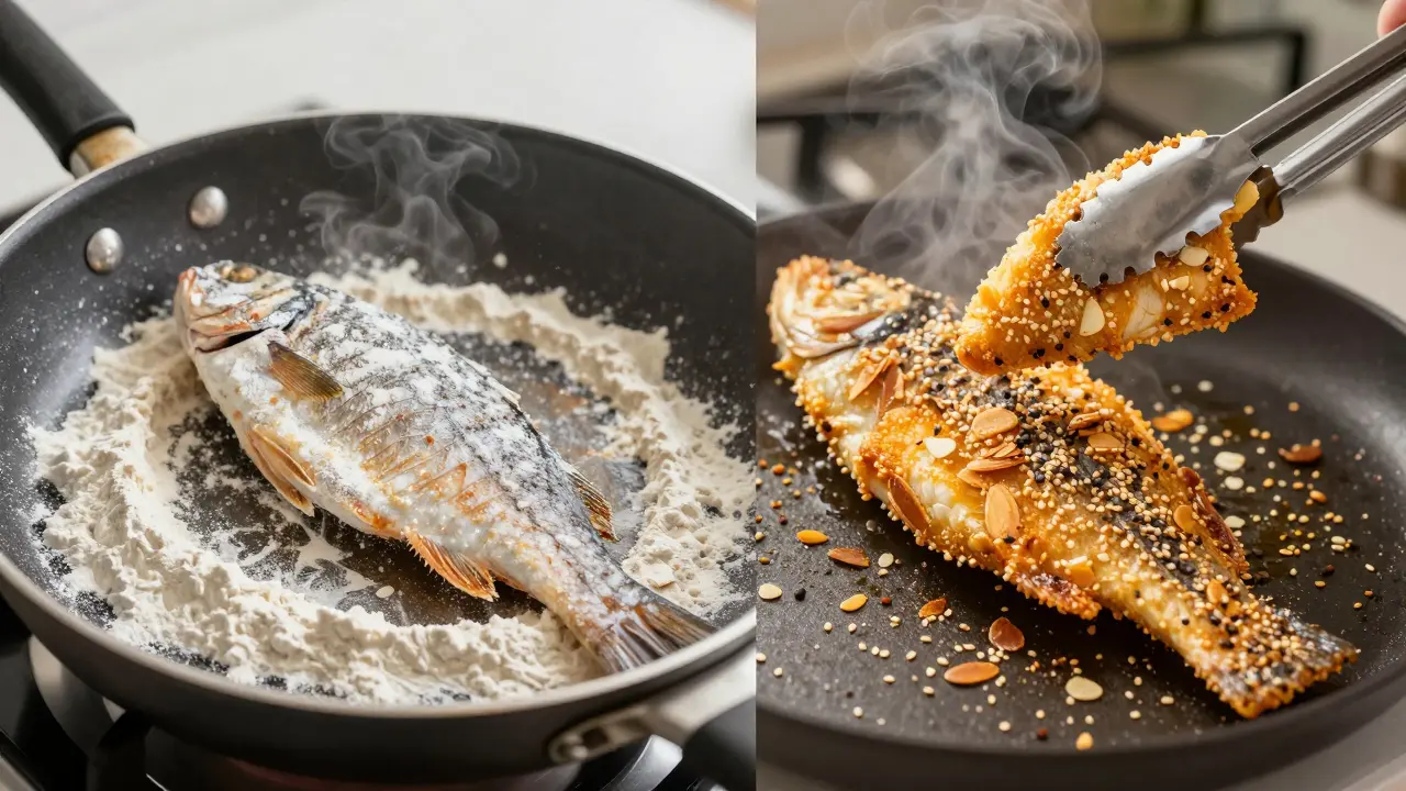 Сравнение: рыба с мукой прилипает к сковороде, а рыба без муки — хрустящая и идеально обжаренная.