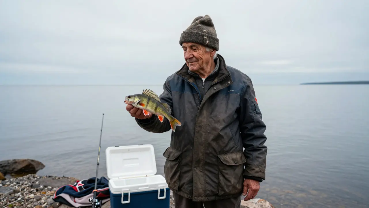 Старый рыбак держит маленькую рыбу, но смотрит вдаль — спокойно, без гордости.