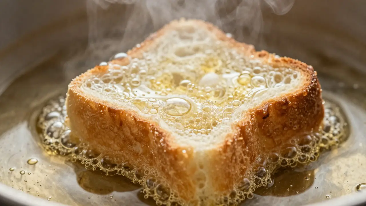 Тестирование масла кусочком хлеба для правильной температуры.