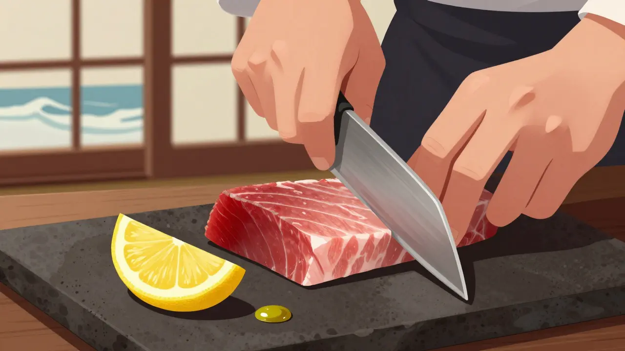 Тонко нарезанный сырой тунец на каменной тарелке с лимоном и оливковым маслом.