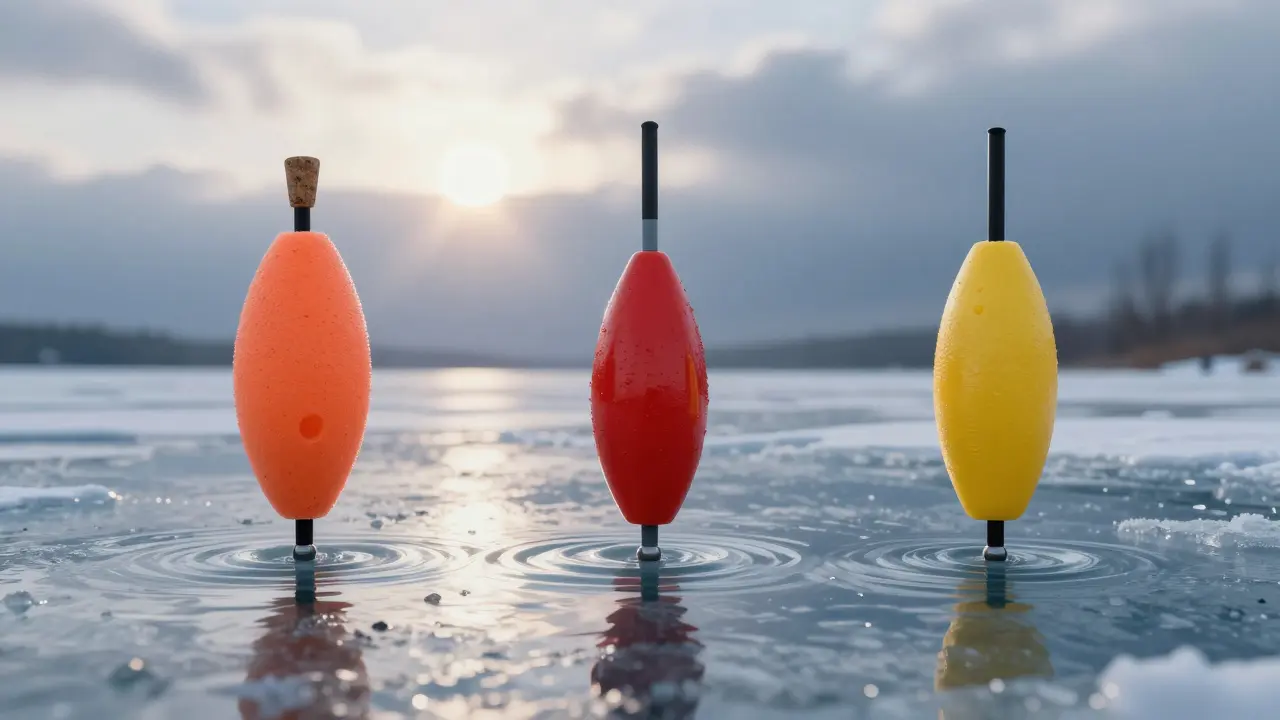 Три самодельных поплавка на ледяной воде — пенопластовый, пробковый и пластиковый — стоят вертикально с грузиками внизу.
