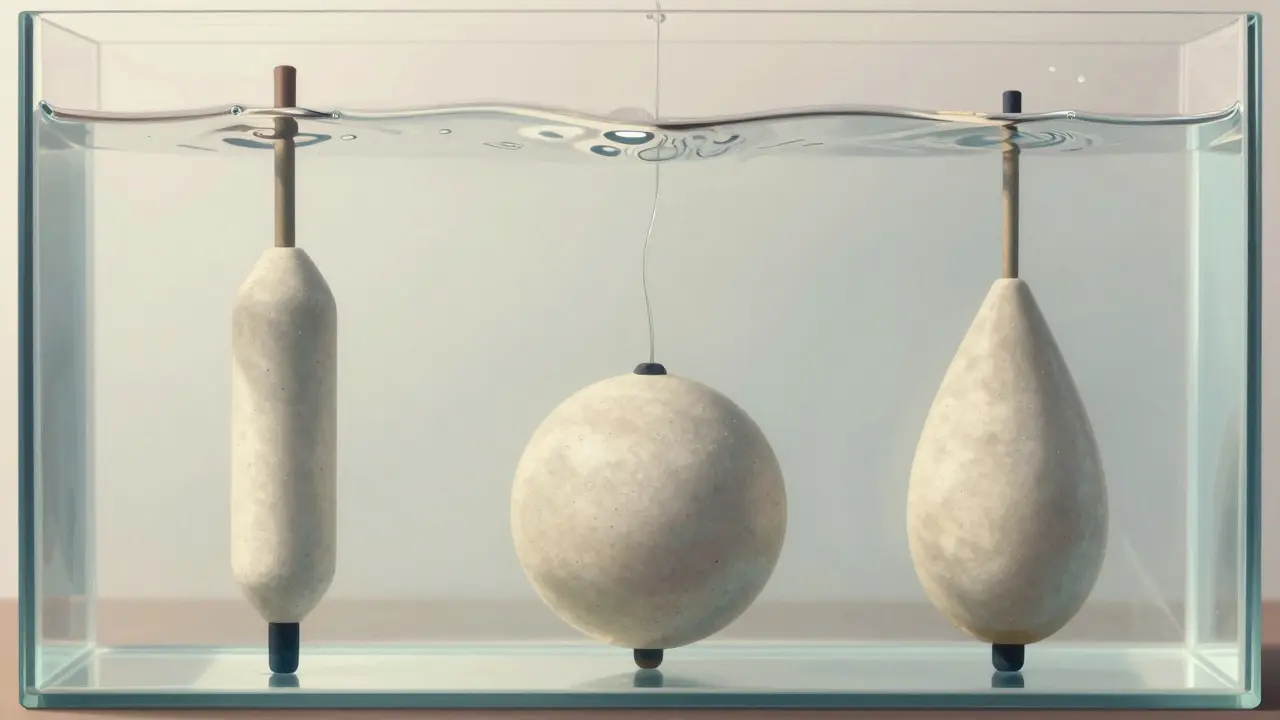 Три типа поплавков в воде: стержневой, шарообразный и каплевидный, каждый по-своему реагирует на течения.