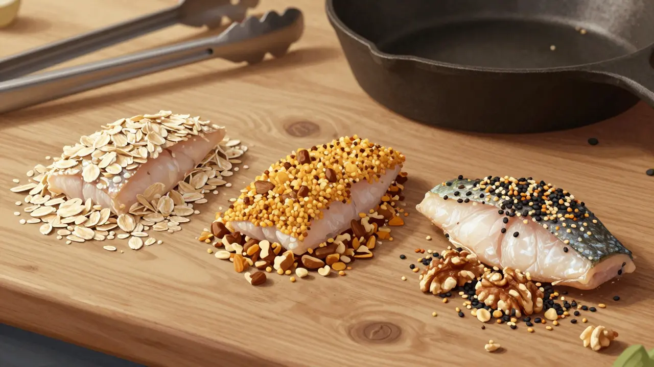 Три вида альтернативной панировки для рыбы: овсяные хлопья, грецкие орехи и кунжут, рядом с рыбным филе на деревянной доске.