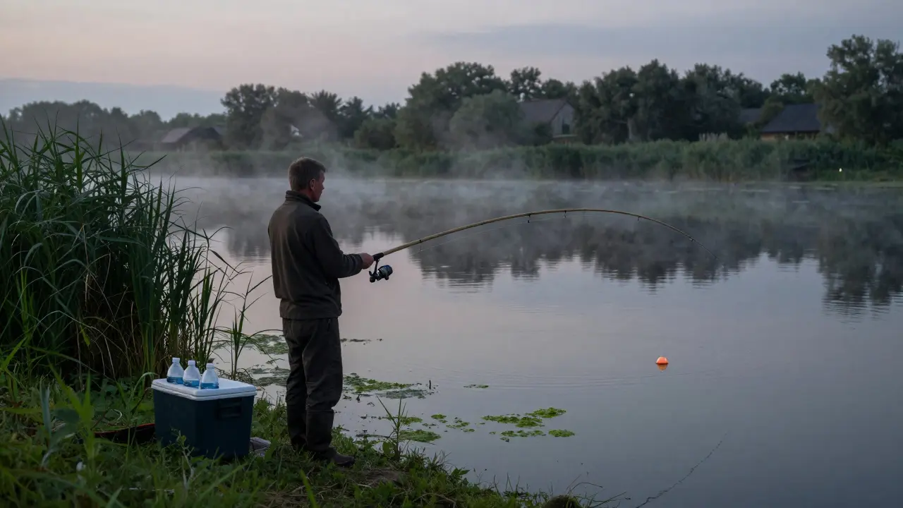 Закат на тихом пруду с легкой лёгкой удочкой и поплавком у тростника, на берегу — холодильник с флаконами.