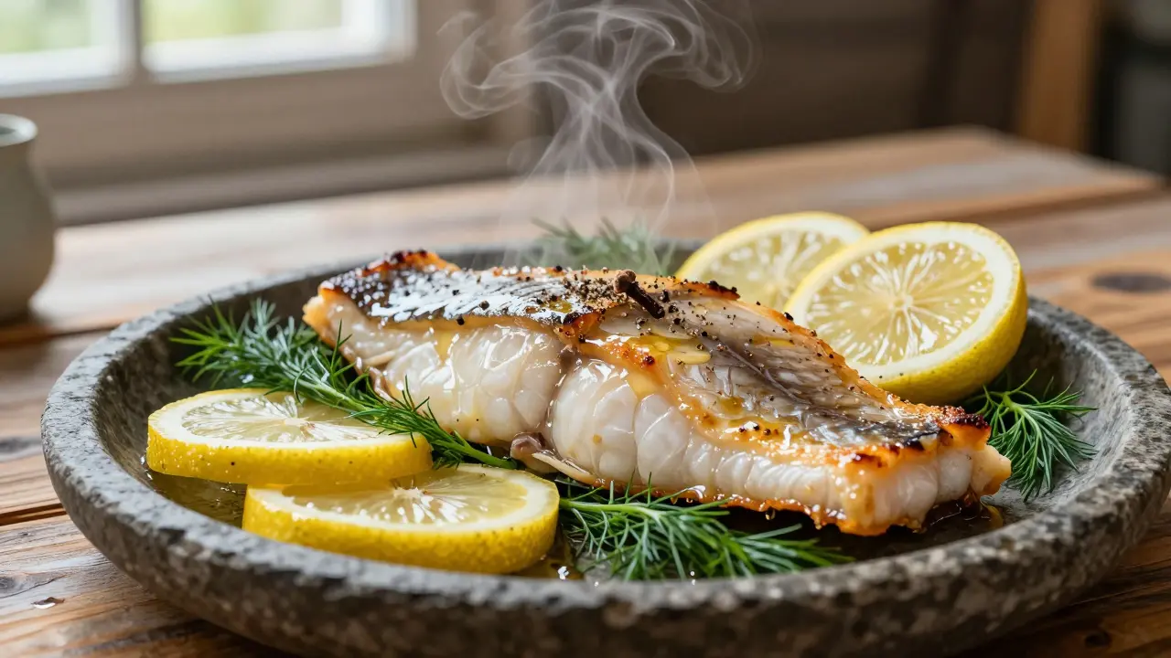 Запеченная рыба с укропом и лимоном, пар поднимается от филе на каменной тарелке.