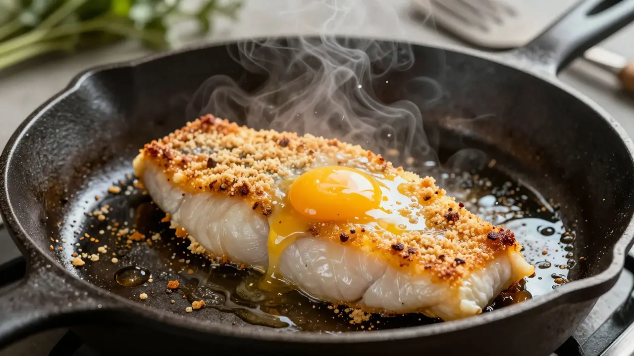 Жареная рыба с золотистой хрустящей корочкой на раскаленной сковороде