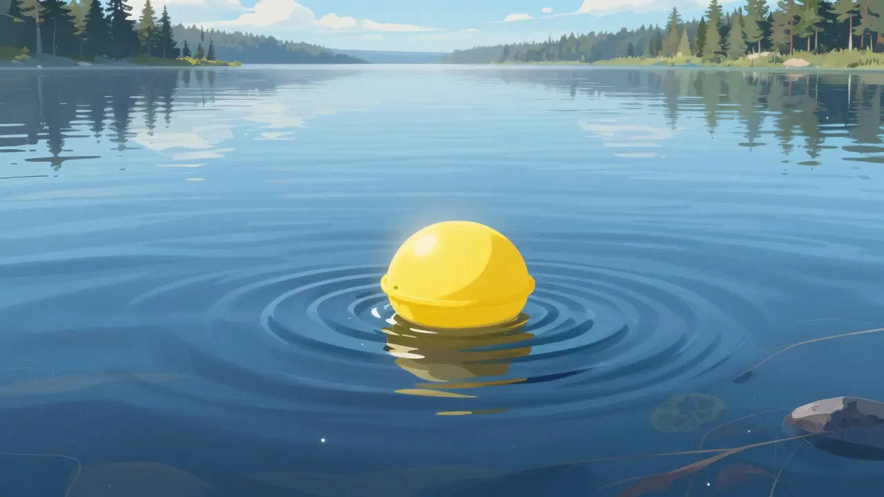 Желтый поплавок на прозрачном озере при ясной погоде.