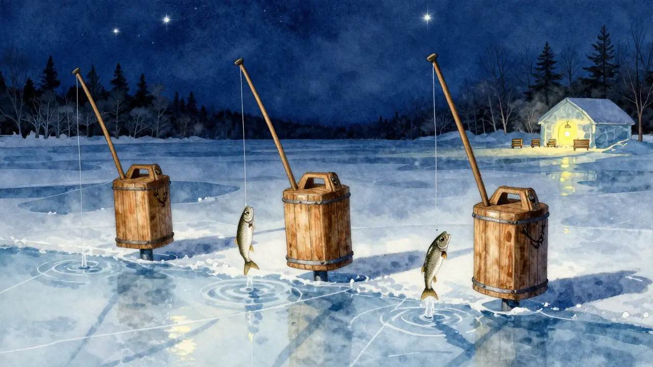 Зимние жерлицы на льду озера, одна сработала — рыба хватает живца, звездное небо над ледяной поверхностью.