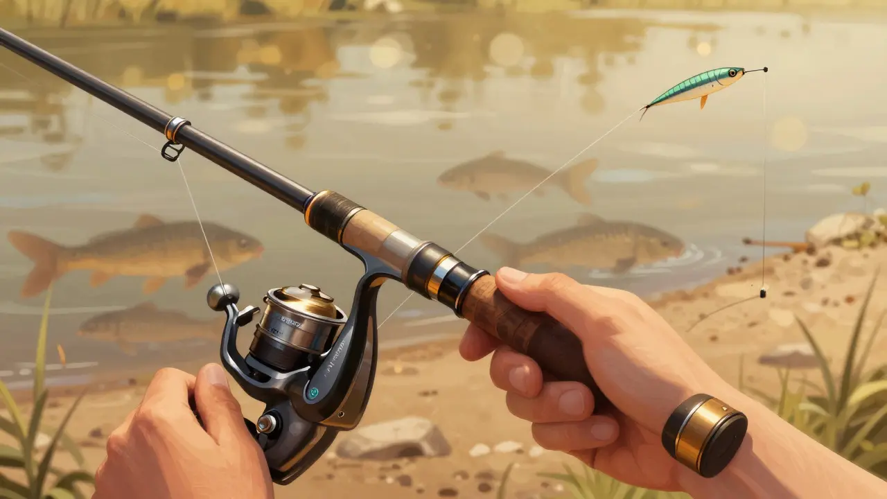 Близкий план рук с удилищем Shimano FC 400X-150 в момент заброса, леска натянута, кормушка в воздухе.