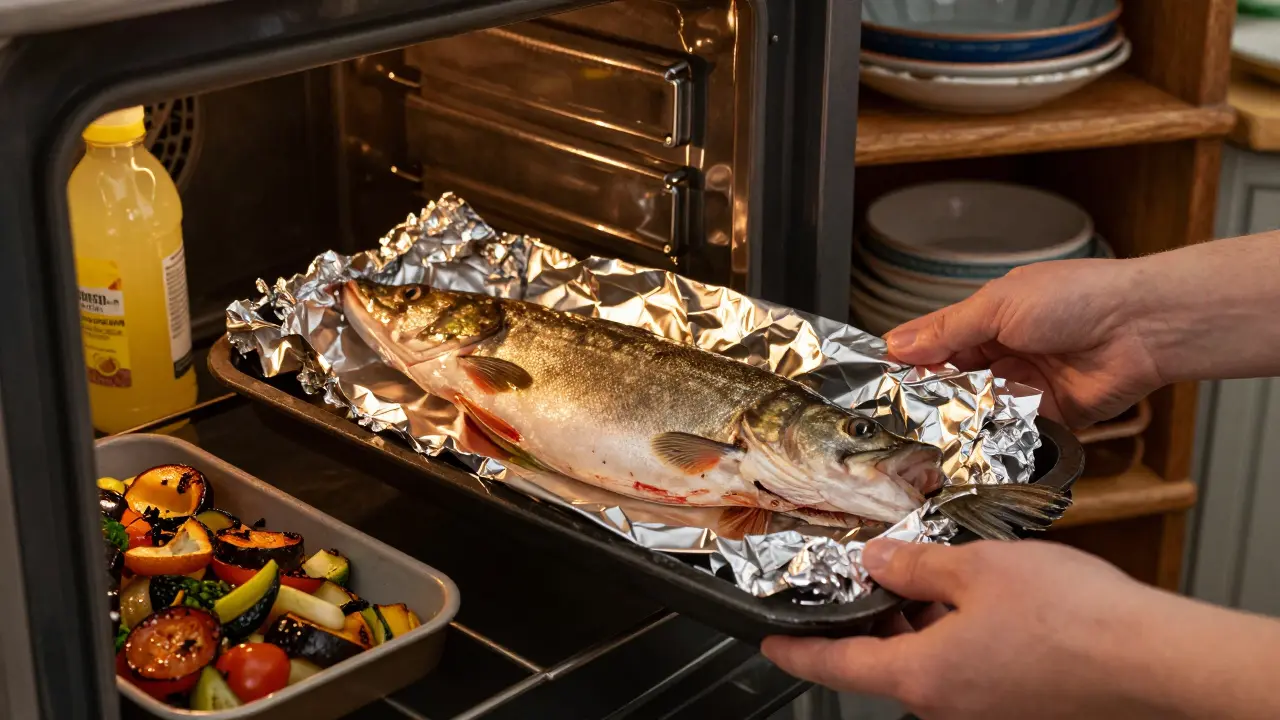 Целая рыба судак, аккуратно завёрнутая в фольгу с воздушным зазором перед запеканием.