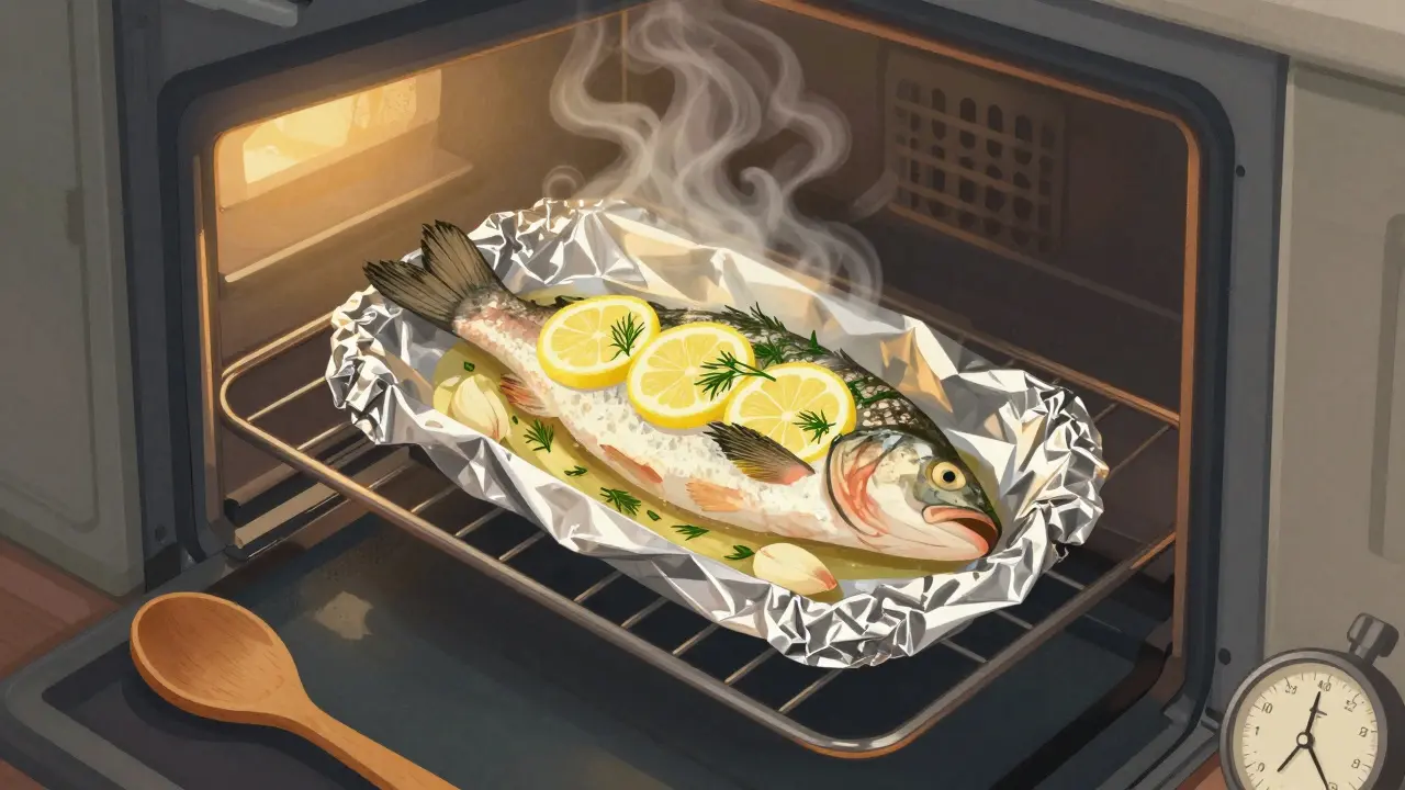 Целая рыба запекается в фольге с лимоном и укропом в духовке.