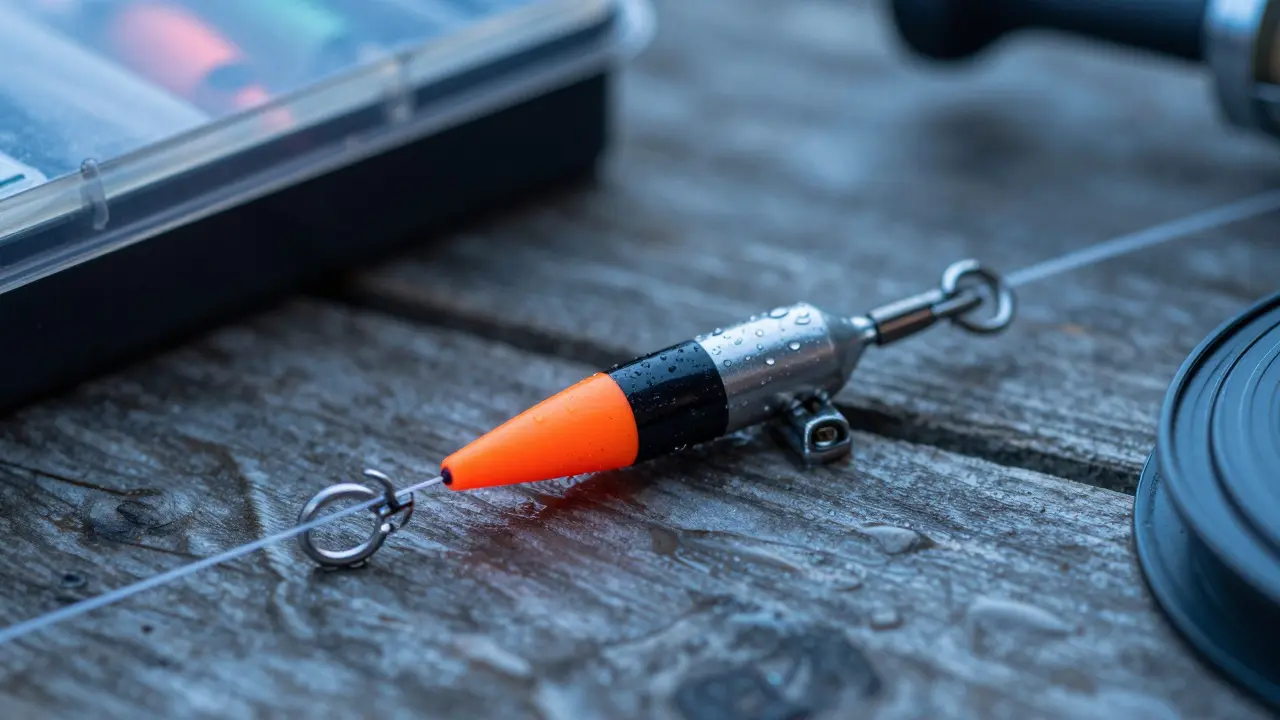 Детальный вид скользящего поплавка с яркой антенной и леской