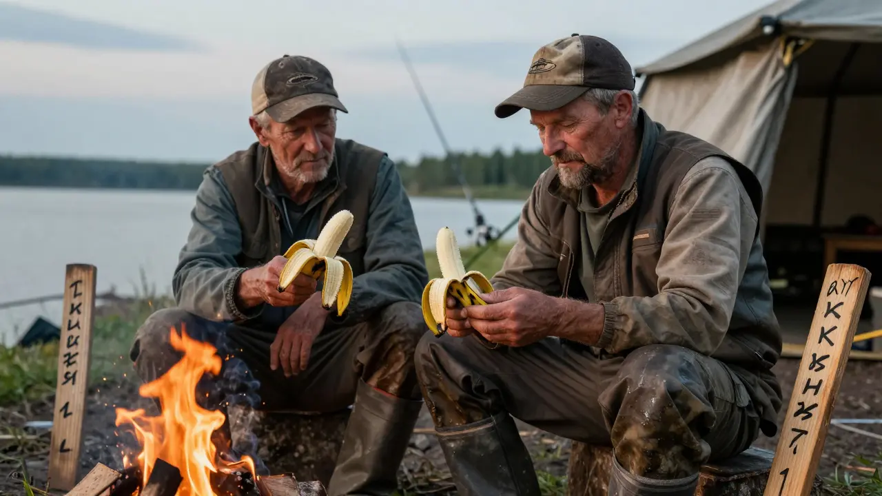 Два банана: один с натуральным ароматом, другой вымытый — сравнение на рыболовной станции.
