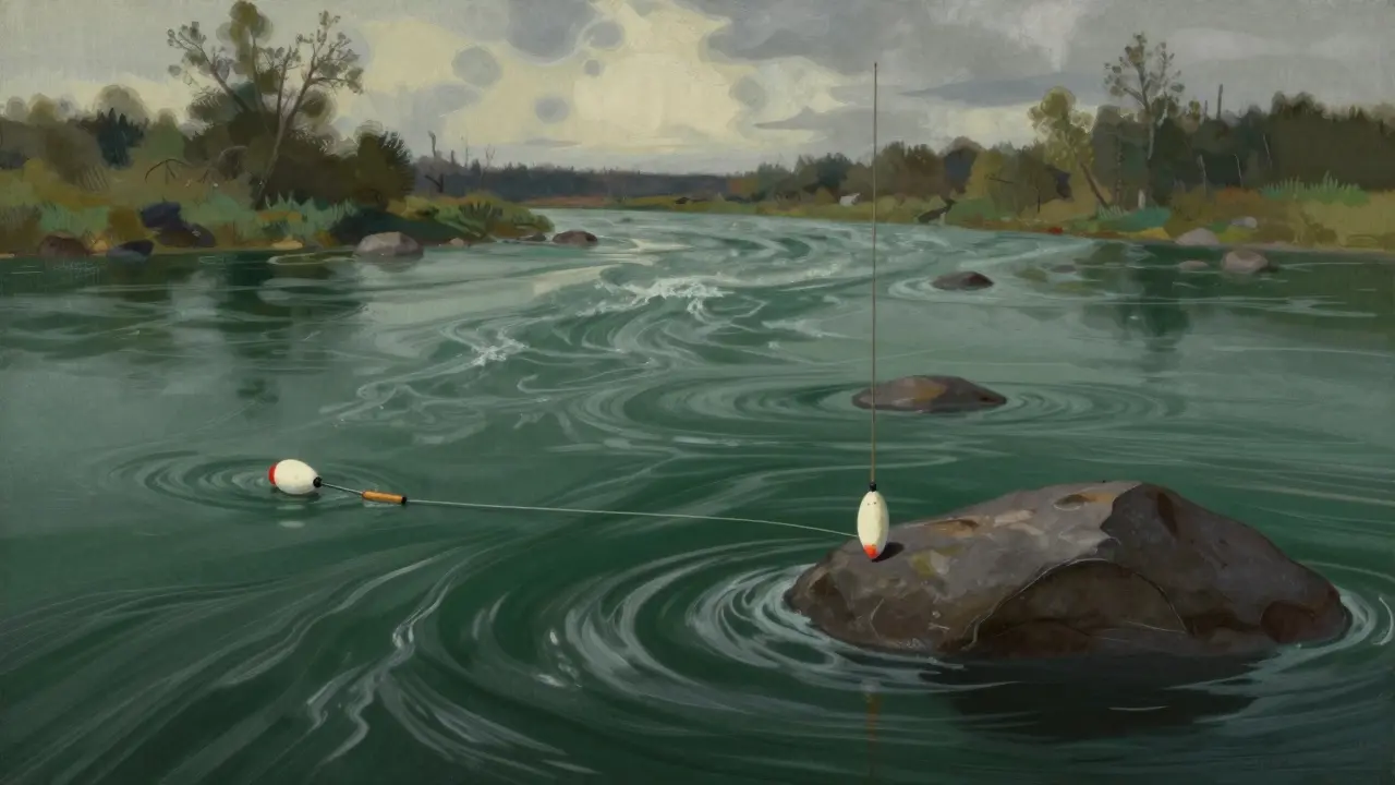 Два грузила на леске стабилизируют поплавок в течении реки с сильным потоком.