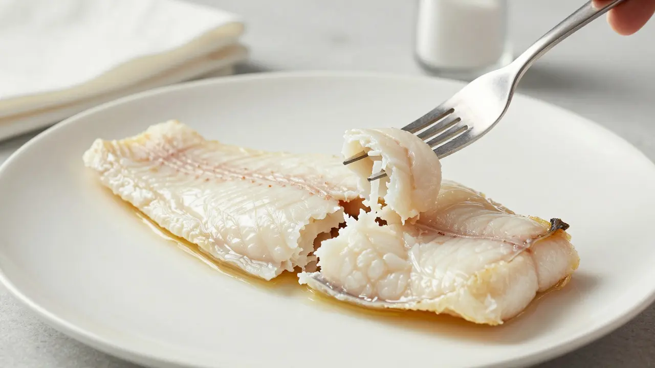 Готовая рыба слегка расслаивается вилкой, сохраняя сочность.