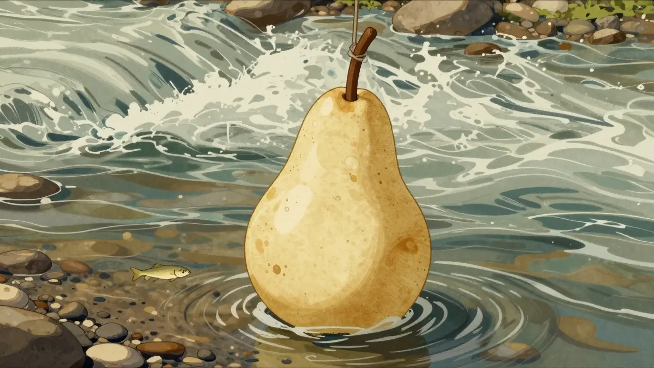 Грушевидный поплавок устойчив в умеренном течении, его утяжеленный конец прижат к каменистому дну.