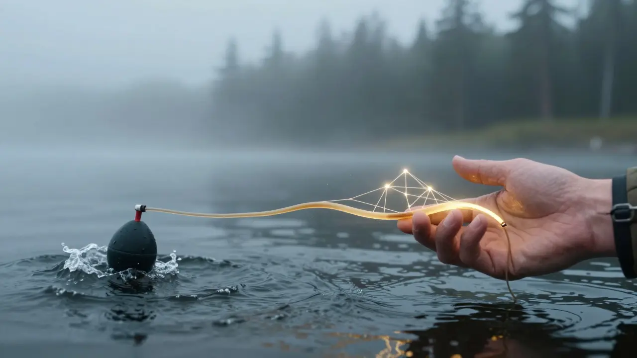 Художественное изображение резинки как связующего звена между поплавком и рукой рыбака, символизирующее чувствительность снасти.