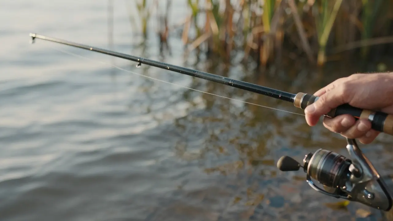Изогнутая удочка на воде, легкое движение лески, солнечные блики, ожидание без напряжения.