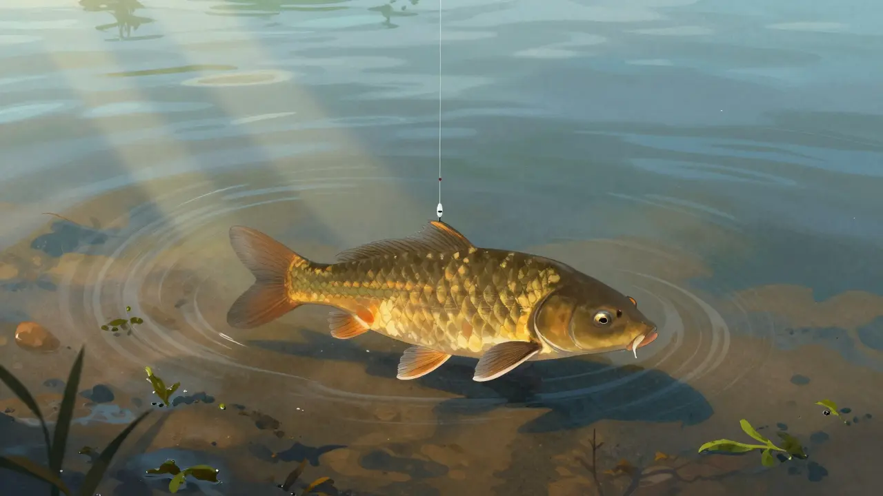 Карась поднимается к наживке, висящей на 12 см выше дна, в прозрачной воде летом.