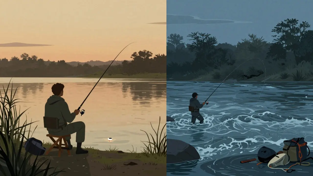 Контраст: спокойная рыбалка с поплавком слева и шумная спиннинговая ловля справа на закате.