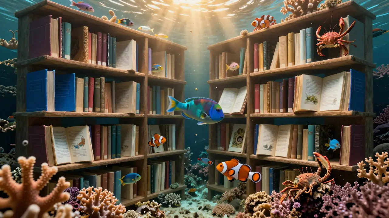 Коралловый риф, изображённый как библиотека, где рыбы — живые страницы под золотистым светом.