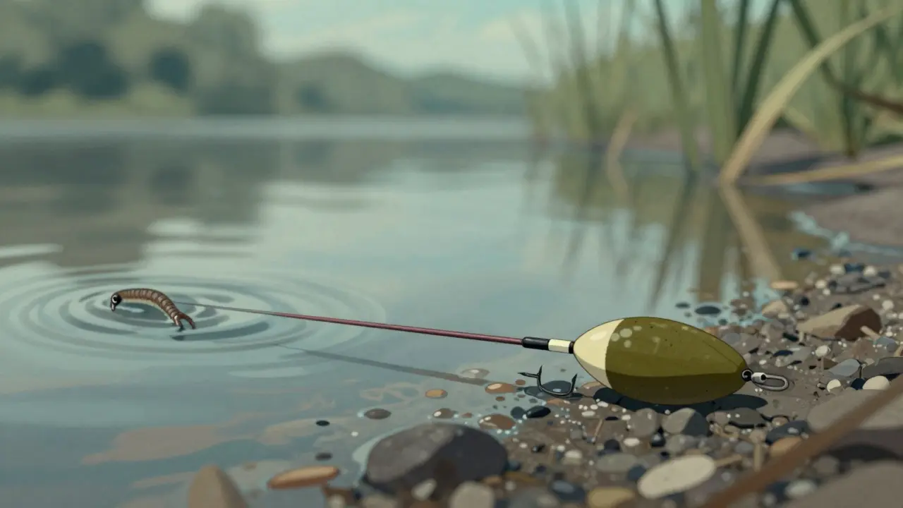 Крупный план поплавка и грузила: поплавок лежит горизонтально, груз — оливка, леска натянута, виден 1 см стержня над водой.