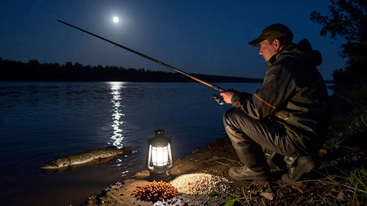 Ночной лов леща на донку на Волге с лампой и насадками на берегу.