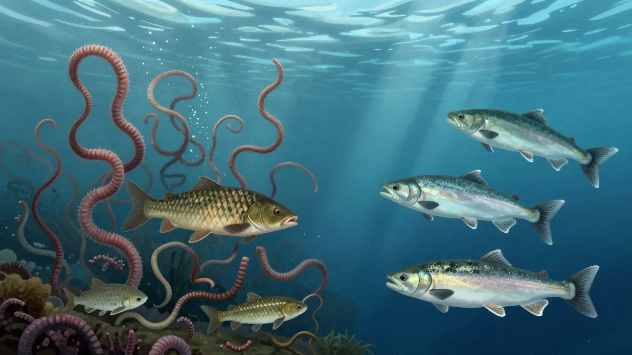 Подводная сцена: слева заражённые пресноводные рыбы, справа чистые морские рыбы в прозрачной воде.