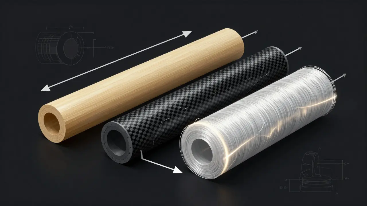 Поперечный разрез трех материалов удочки: стекловолокна, углеволокна и композита под нагрузкой.