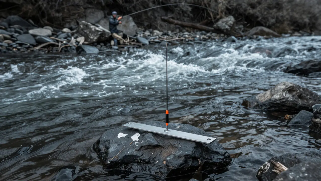 Поплавок с балансиром на дне, антенна вертикальна, вода бурлит вокруг, подчеркивая точность снасти.