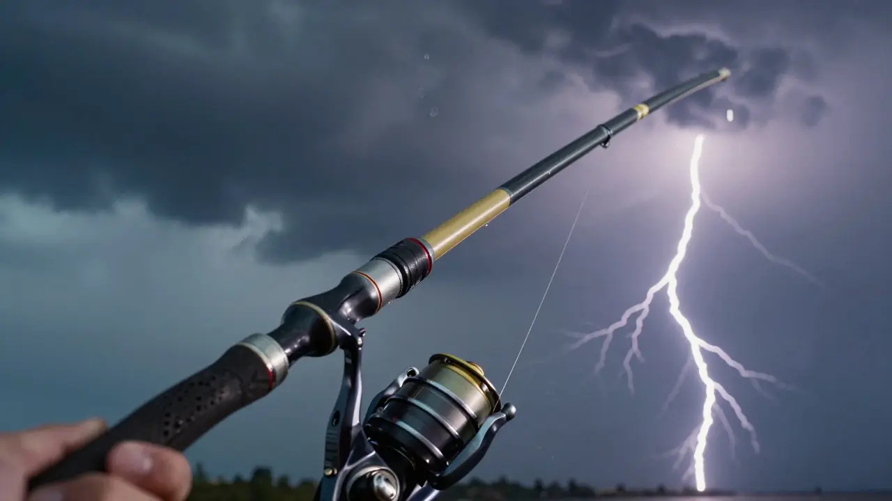 Профессиональный рыбак делает мощный заброс композитной удочкой, линия натянута, кольца из керамики.