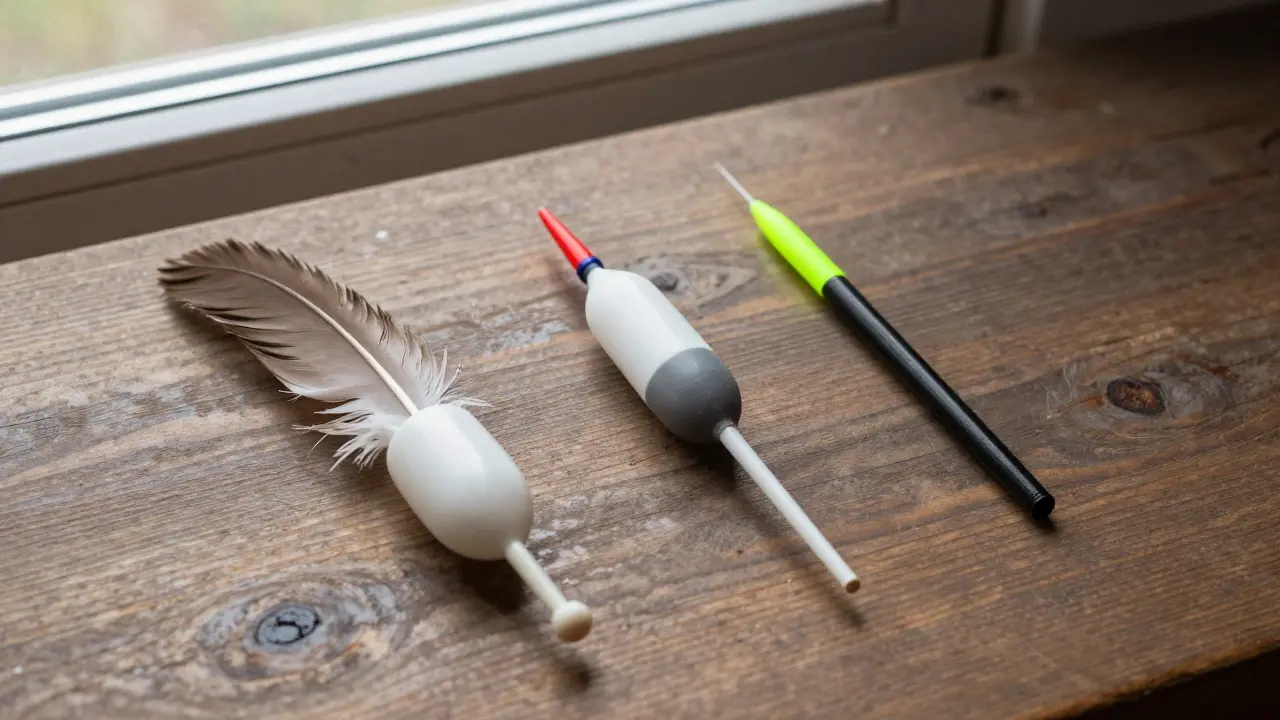 Разные типы рыболовных поплавков на деревянной поверхности, включая каплевидный и карандашный варианты