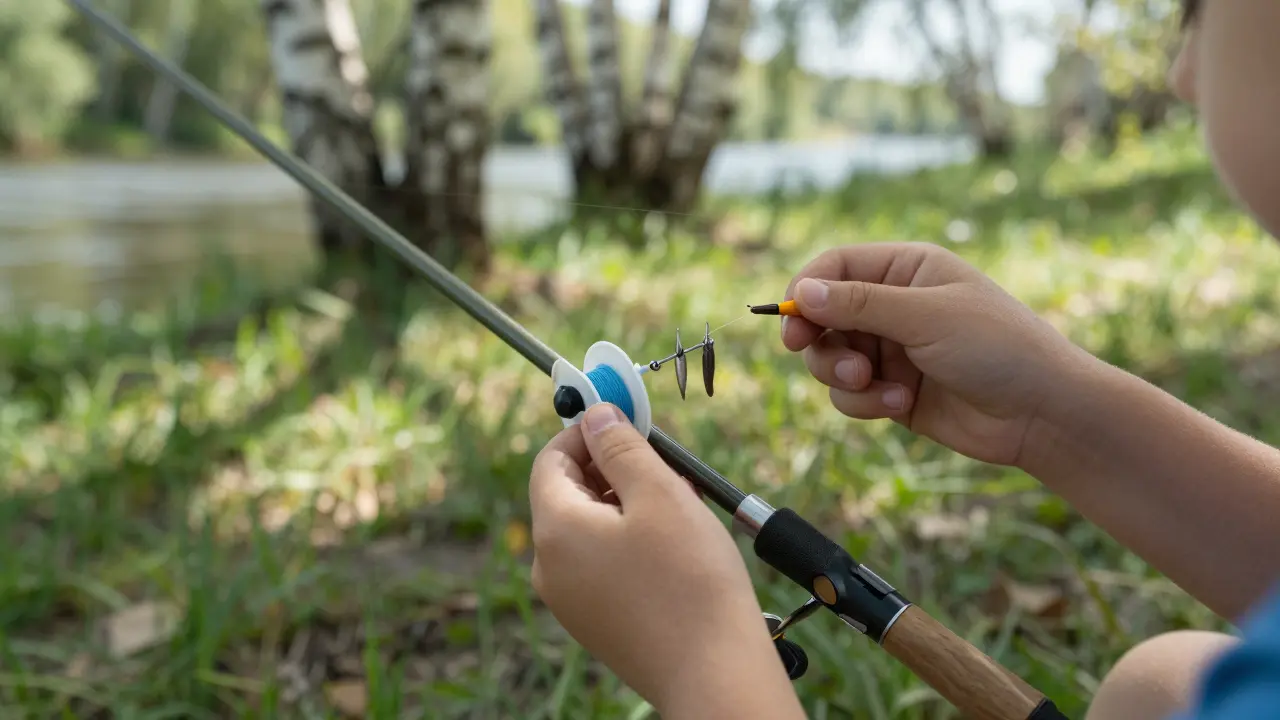 Руки ребенка собирают простую рыболовную снасть: удочка, леска, поплавок и червь на крючке.