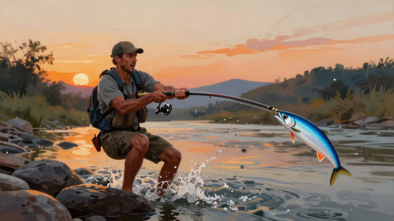 Рыбак бросает спиннинг на закате, воблер в воздухе, вода брызгает, за спиной холмы.