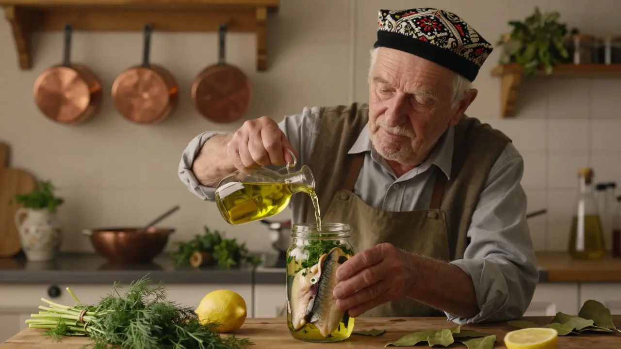 Рыбак кладёт укроп и лавровый лист в банку с рыбой для маринада